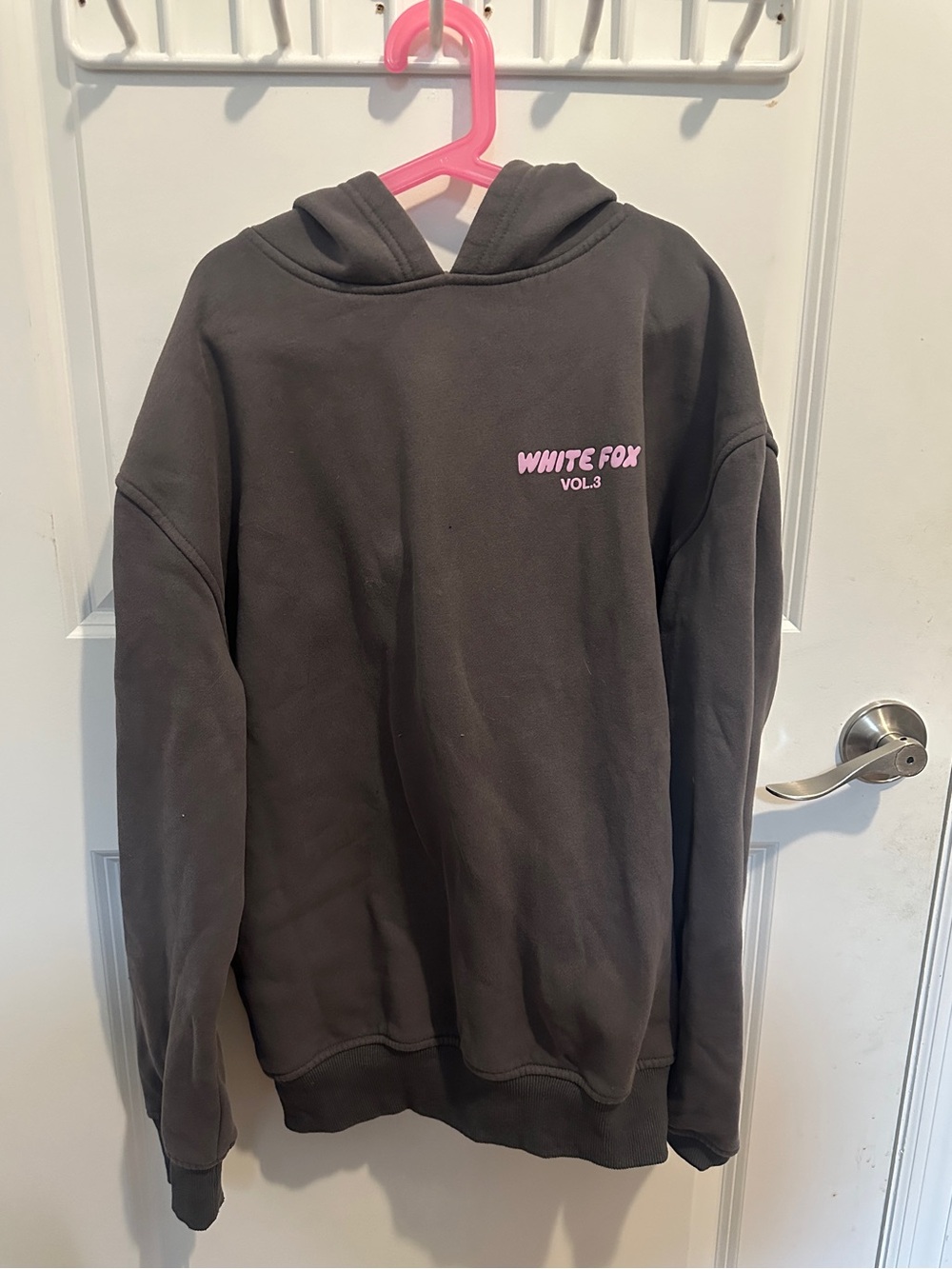 White Fox Boutique Charcoal Gray Hoodie with Pink Logo